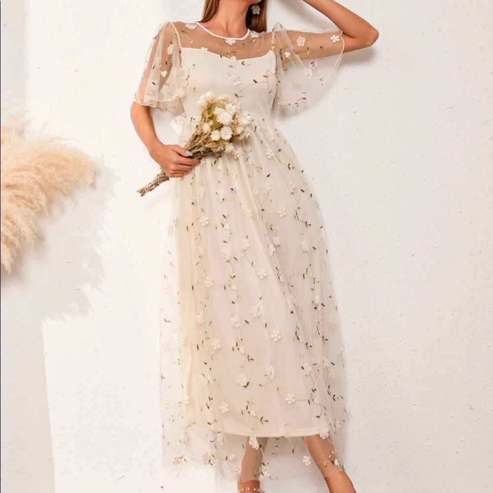 Butterfly Sleeve Embroidered Midi Dress